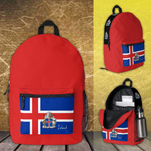 Island, Roter Rucksack, isländische Flagge / patri Bedruckter Rucksack
