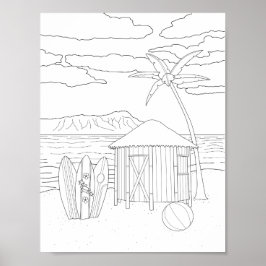 Island Tiki Hut Adult Coloring Poster