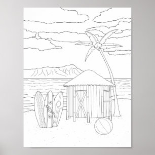Island Tiki Hut Adult Coloring Poster