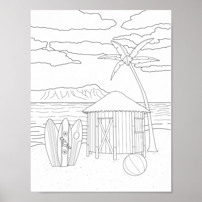 Island Tiki Hut Adult Coloring Poster (Vorne)