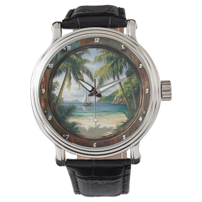 Island Time" - Nautical Window Tropical Beach Armbanduhr (Vorderseite)