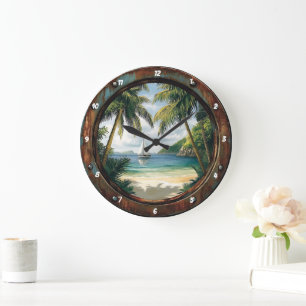 Island Time" - nautical Window Tropical Beach Große Wanduhr