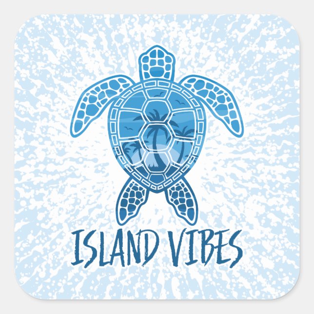 Island Vibes Tropical Sunset Sea Turtle Design Quadratischer Aufkleber (Vorderseite)