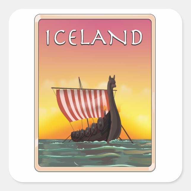 Island Viking Travel Poster Quadratischer Aufkleber (Vorderseite)