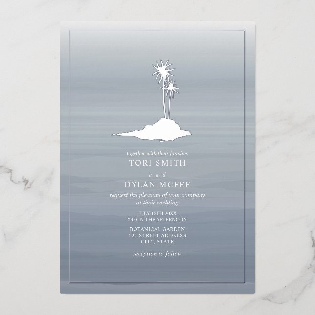 Island Wedding Chambray Watercolor Folieneinladung (Vorderseite)