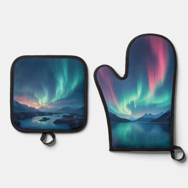 Isländisch Aurora Ofenhandschuh & Topflappen-Set (Vorderseite)