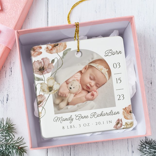 Isländisch-Poppy Baby Birth Stats Foto Keramikornament (Watercolor Icelandic Poppy Baby Birth Stats Photo Ceramic Ornament)