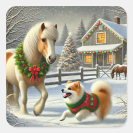 Isländischer Pferd- und Hund-Weihnachtsaufkleber Quadratischer Aufkleber