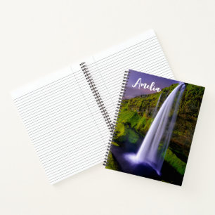 Isländischer Wasserfall Grüne Natur Foto Notizbuch