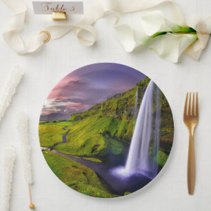Isländischer Wasserfall Grüne Natur Foto Pappteller