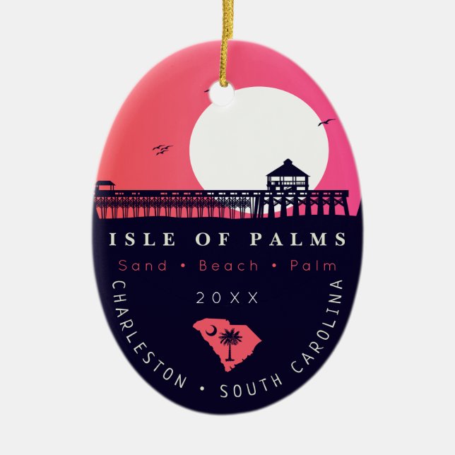 Isle of Palms Pier SC Retro Sunset Souvenirs 60er Keramik Ornament (Vorne)