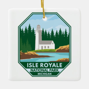 Isle Royale National Park Lighthouse Retro Emblem Keramikornament