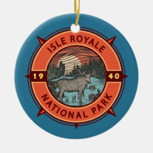 Isle Royale National Park Moose Retro Compass Keramik Ornament