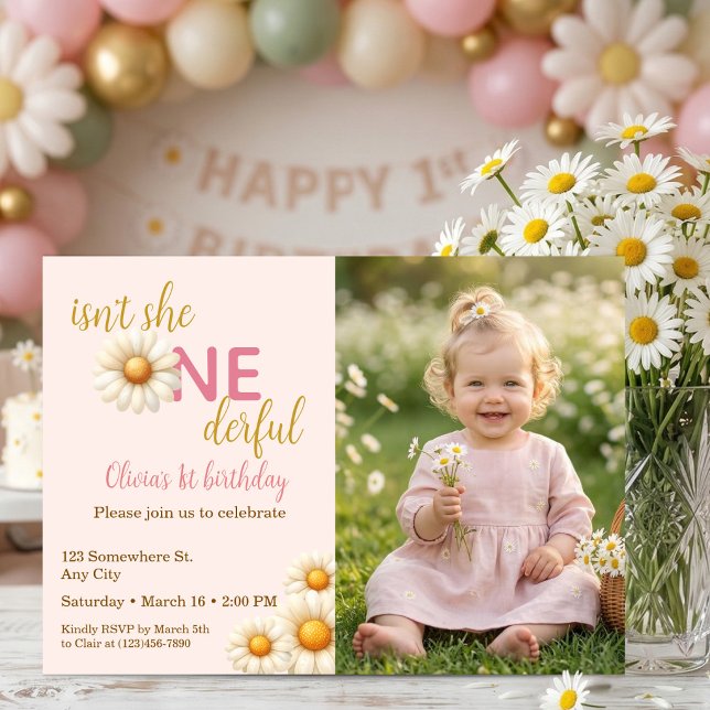 Isn't She One-derful 1st Birthday Daisy Photo Einladung (Isn't She One-derful 1st Birthday Daisy Photo Invitation)