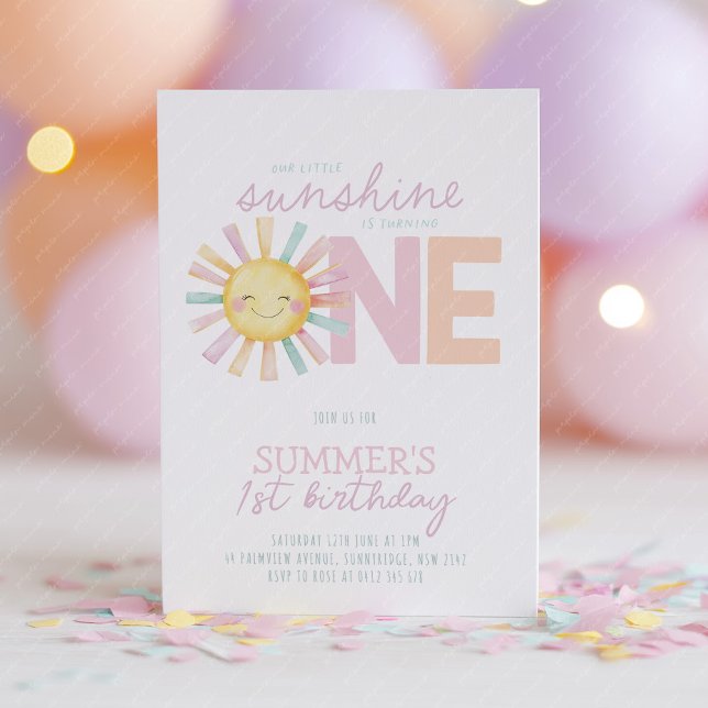Isn't She Onederful Sun Girl Pastel 1st Birthday Einladung (Our little sunshine is turning one! Cute pastel sun 1st birthday invitation in pink, peach & purple)