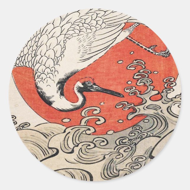 Isoda Koryusai Kranwellen und aufgehende Sonne Runder Aufkleber (Vorderseite)