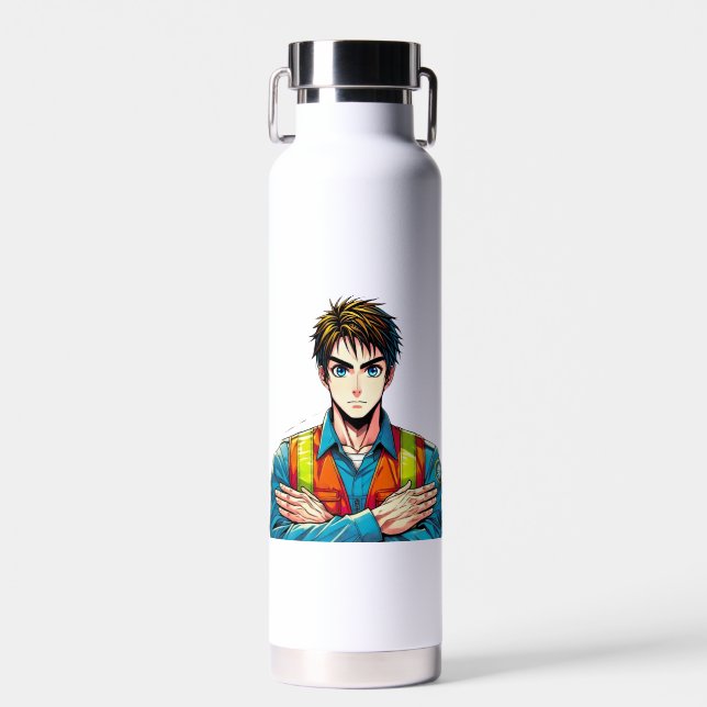 Isolierte Flasche mit Manga-Sicherheitsfachmann (Vorne)