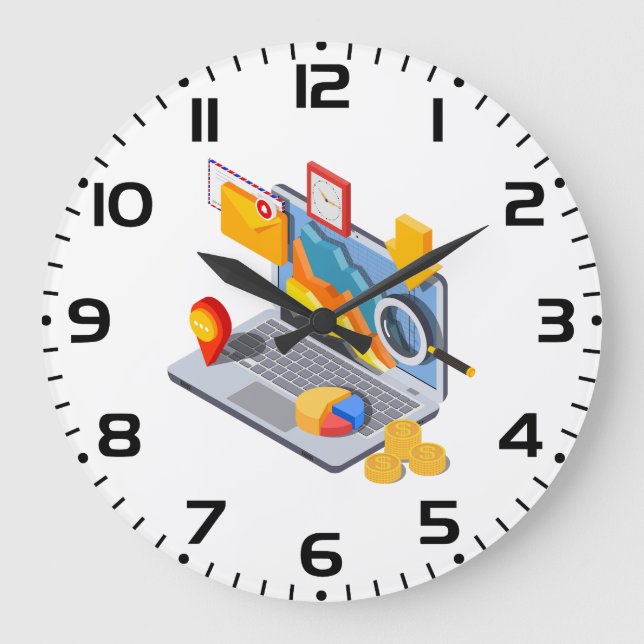 Isometric Business Data Analytics Laptop Große Wanduhr (Vorderseite)