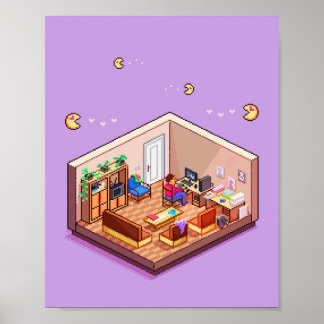Isometric Pixel Art Gaming PC Room Poster
