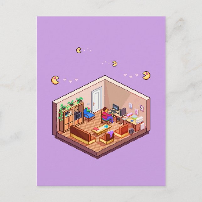 Isometric Pixel Art Gaming PC Room Postkarte (Vorderseite)