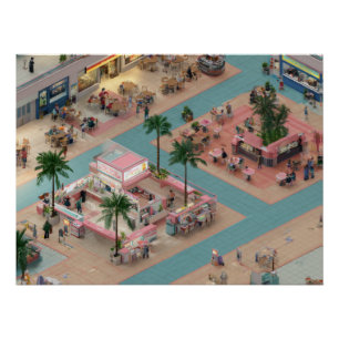 Isometrischer Retro-Einkaufszentrum-Food-Court in Poster