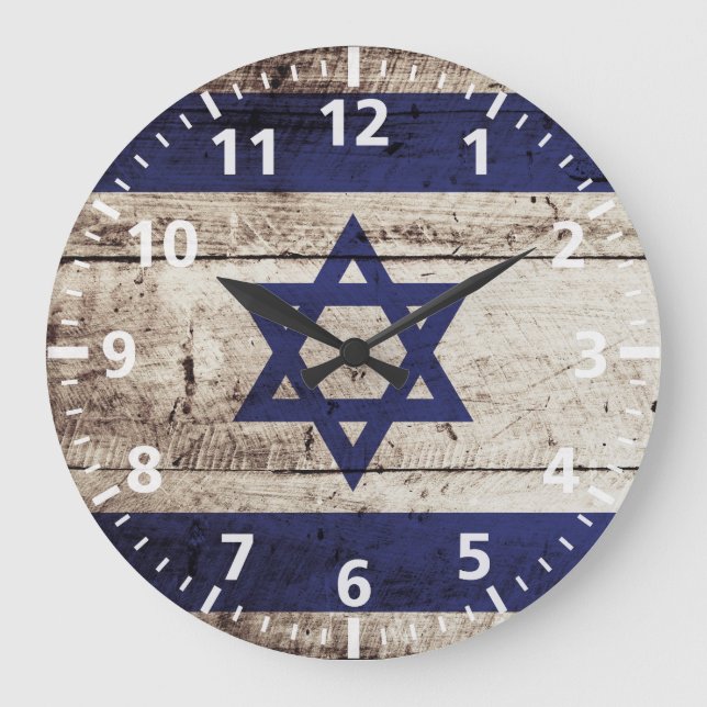 Israel-Flagge auf altem hölzernem Korn Große Wanduhr (Vorderseite)