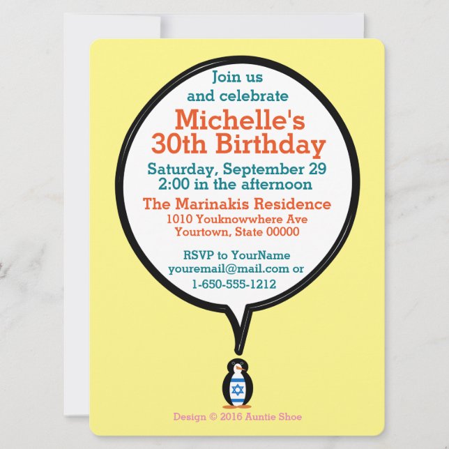 Israel spricht Frau Penguin Personalisiert Einladung (Vorderseite)