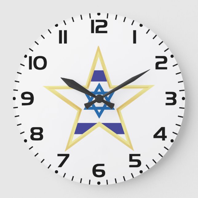 Israeli Flag Star of David Gold Trimmed Große Wanduhr (Vorderseite)