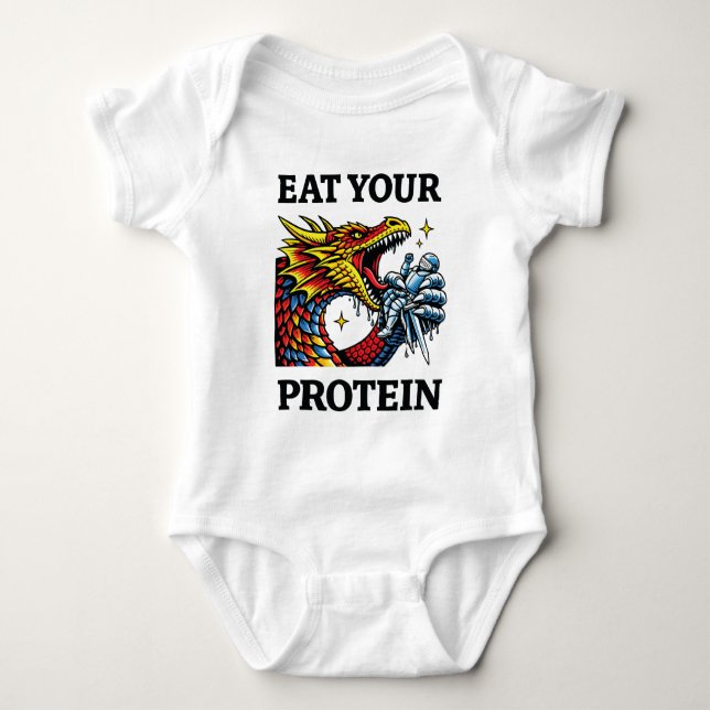 Iss Dein Protein – Epischer Drache essender Ritter Baby Strampler (Vorderseite)