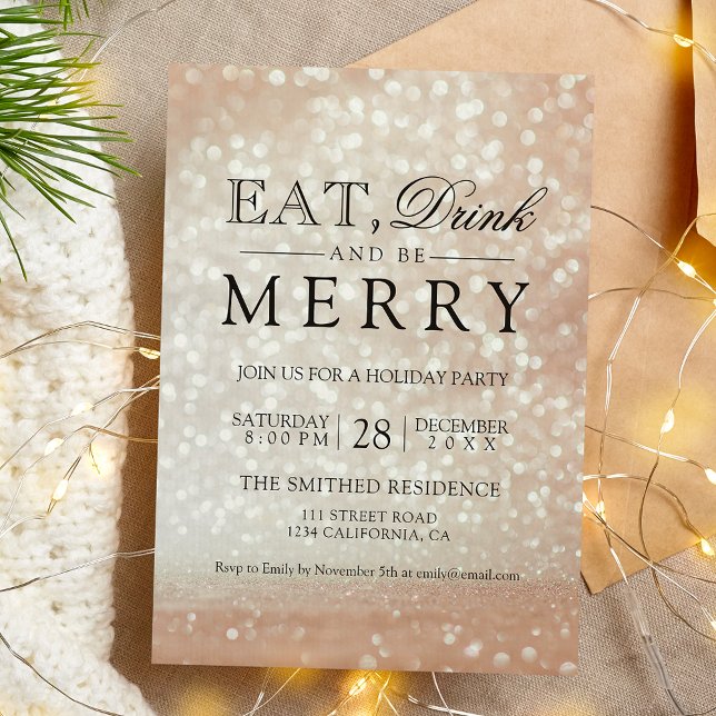 Iss Drink sein fröhliche Holiday Rose Gold Glitzer Einladung (Eat drink be merry Holiday rose gold glitter bokeh Invitation)