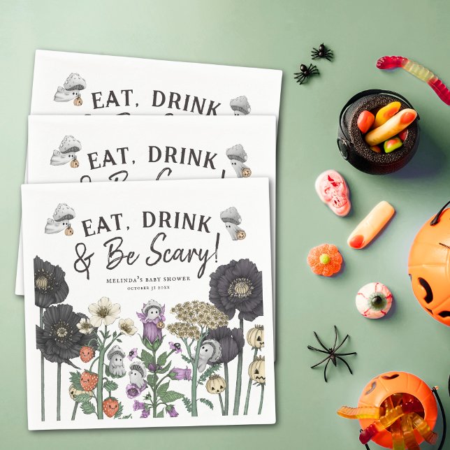 Iss Drink und sei Beängstigend Halloween Baby Dusc Serviette (Eat, drink and be scary Halloween baby shower party paper napkins with flowers and mushroom ghosts.)