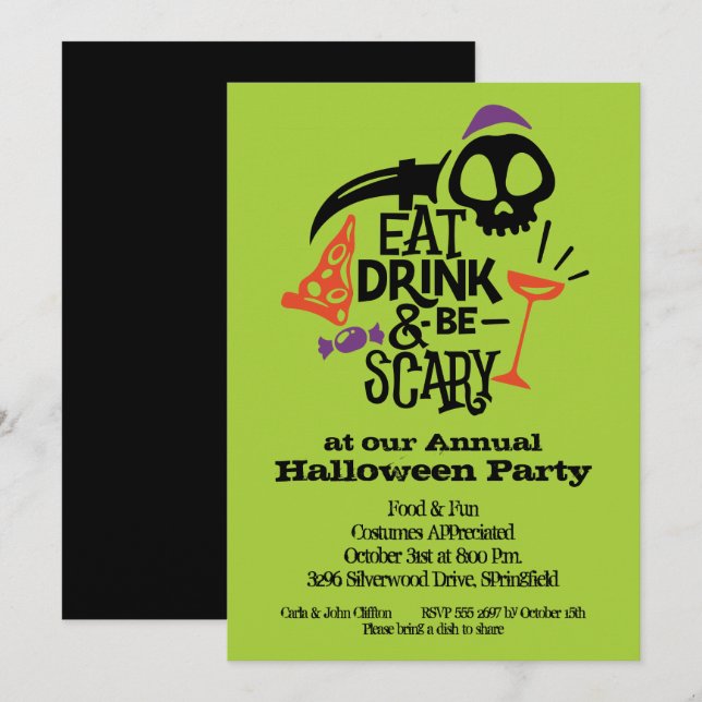Iss Drink und sei Beängstigend Halloween Einladung (Vorne/Hinten)
