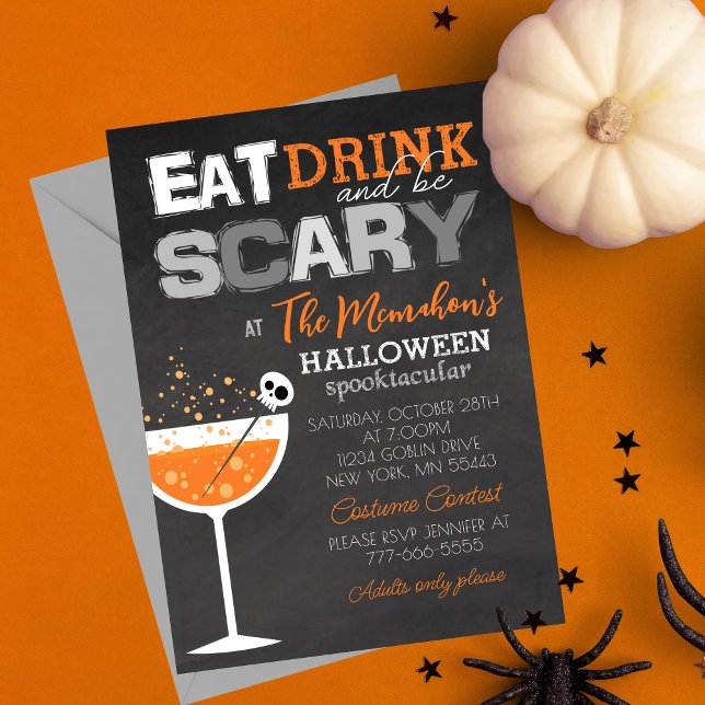 Iss Drink und sei Beängstigend Halloween Erwachsen Einladung (Eat Drink and Be Scary Elegant Adult Chalkboard Halloween Invitations. Available Digital or Printed)