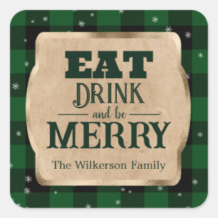 Iss Drink und sei froh grün Karierte Weihnachten Quadratischer Aufkleber