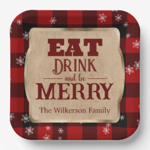Iss Drink und sei froh rustikal rot Karierte Weihn Pappteller