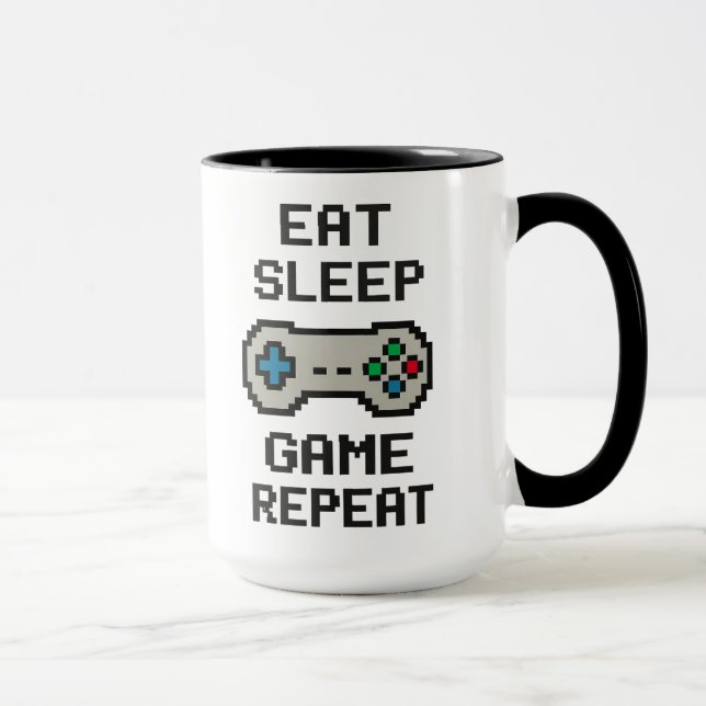 Iss Eat Sleep Game Repeat – Gamer Pixel Art Tasse (Rechts)