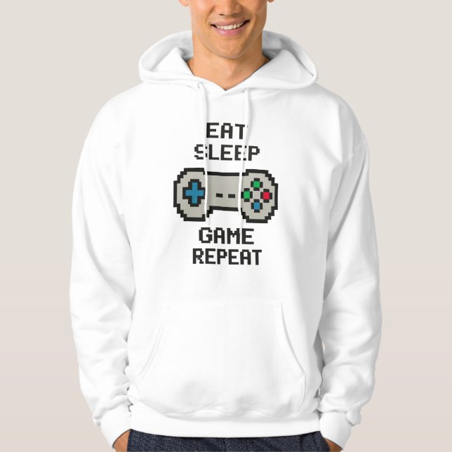 Iss Hoodie „Eat Sleep Game Repeat“ – Retro-Pixel-G (Vorderseite)