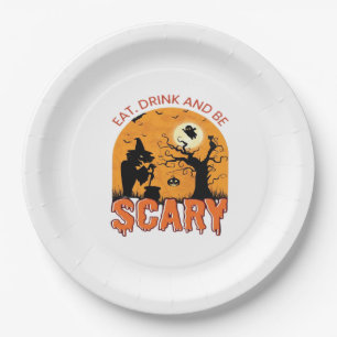 Iss Trink Und Sei Gruselig Halloween Szene Vintage Pappteller
