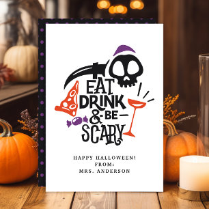 Issen, Trinken und Gruselig Halloween-Klassenkarte Einladung