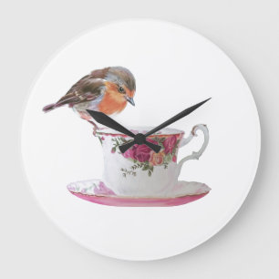 Ist es noch Teezeit? Robin auf einer Teetasse Große Wanduhr