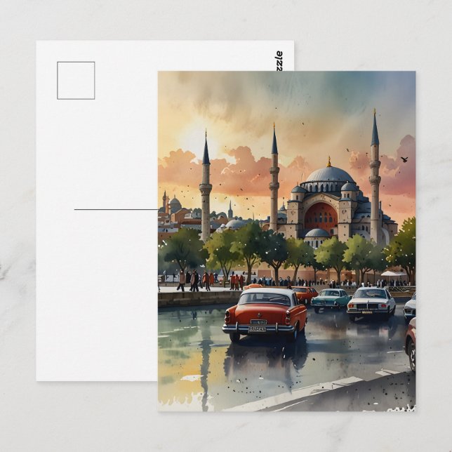 Istanbul Aquarellkunst Postkarte (Vorne/Hinten)