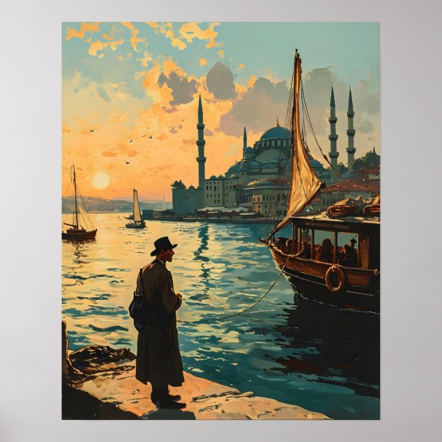 Istanbul: Blaue Moschee & Bosporus Vintage Postkar Poster (Vorne)