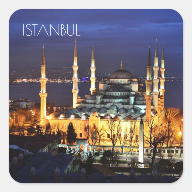 Istanbul Blue Mosque Night Scenery Premium Travel Quadratischer Aufkleber (Vorderseite)