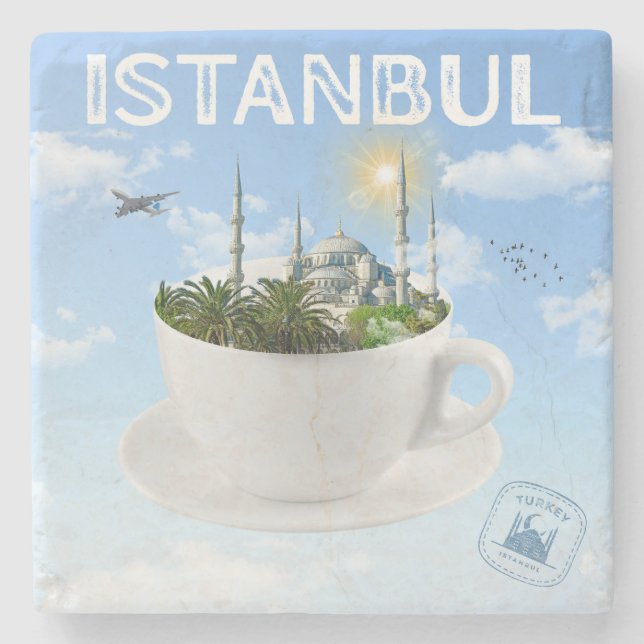 Istanbul im Teacup - Skyline - Türkisches Geschenk Steinuntersetzer (Vorderseite)