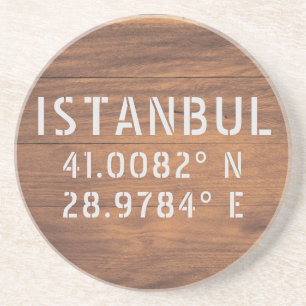 Istanbul Latitude & Longitude Dark Wood Getränkeuntersetzer