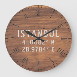 Istanbul Latitude & Longitude Dark Wood  Große Wanduhr