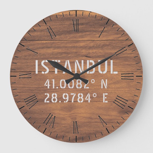 Istanbul Latitude & Longitude Dark Wood  Große Wanduhr (Vorderseite)