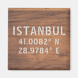 Istanbul Latitude & Longitude Dark Wood Magnet