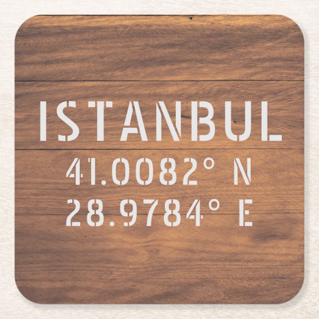 Istanbul Latitude & Longitude Dark Wood Rechteckiger Pappuntersetzer (Vorderseite)