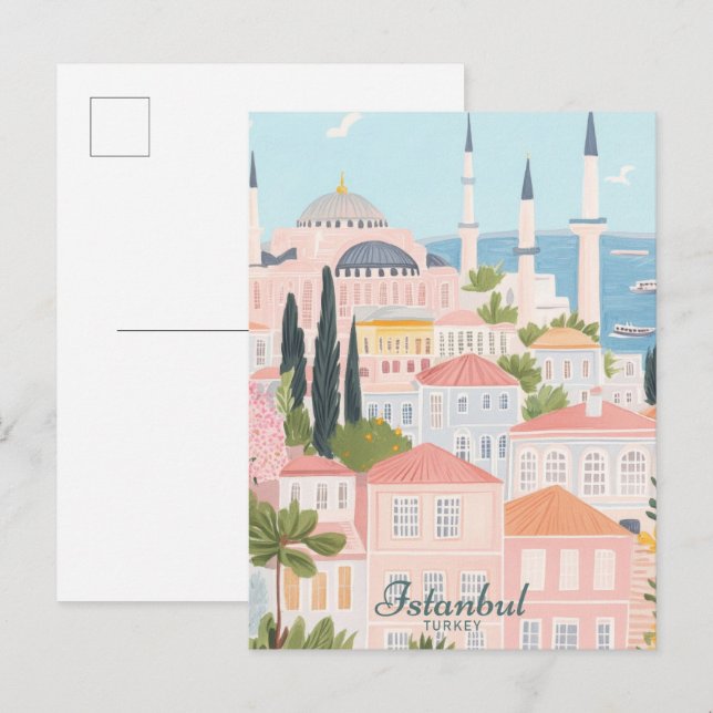 Istanbul Turkey Gouache Paint Illustration Travel Postkarte (Vorne/Hinten)